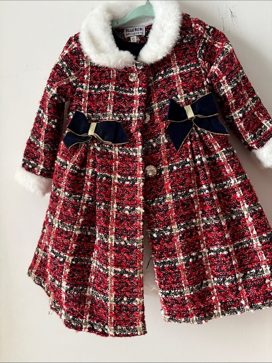 Blueberi Boulevard Other - Blueberi Boulevard Red Plaid Tweed Coat with White Faux Fur Collar and Navy Bows